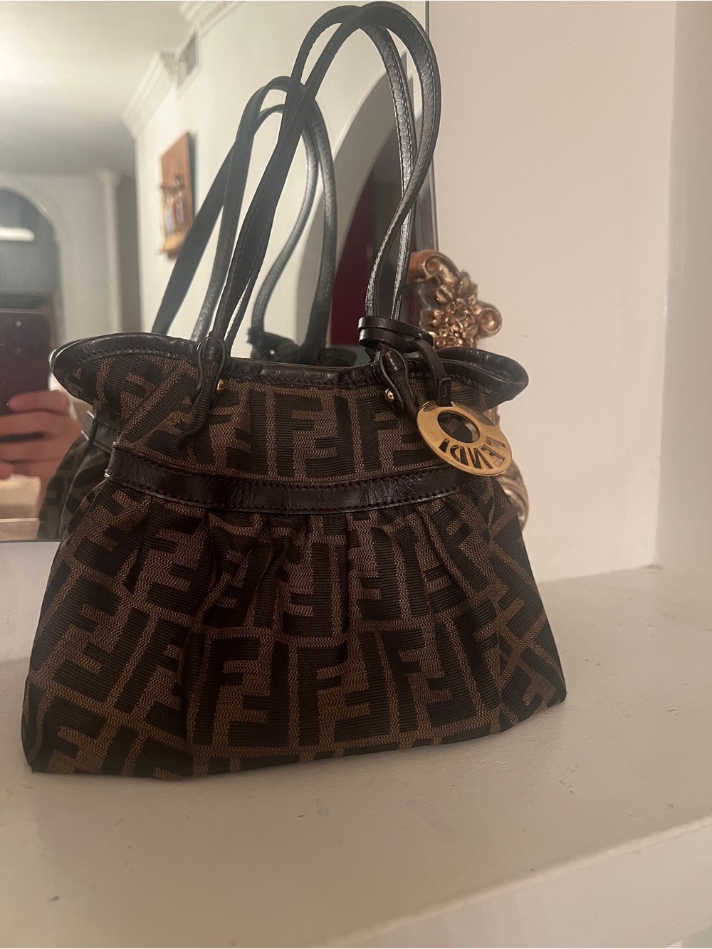 Fendi Brown and Black FF Monogram Pleated Shoulder Bag mini with Gold Charm - Picture 5 of 10